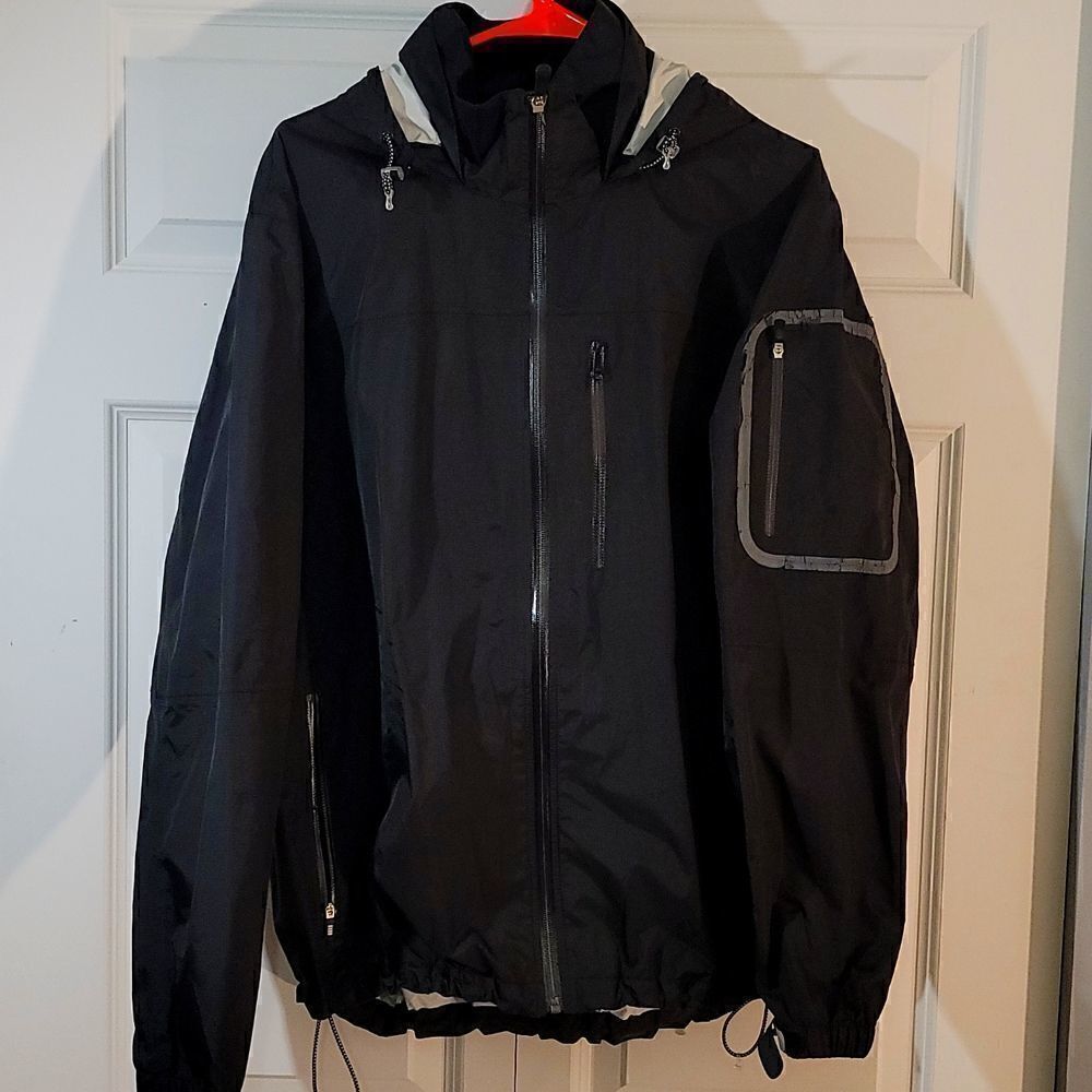 𝅺LANDS End Unisex Large L 42 44 Rain Jacket Black Packable Hooded Light Weight